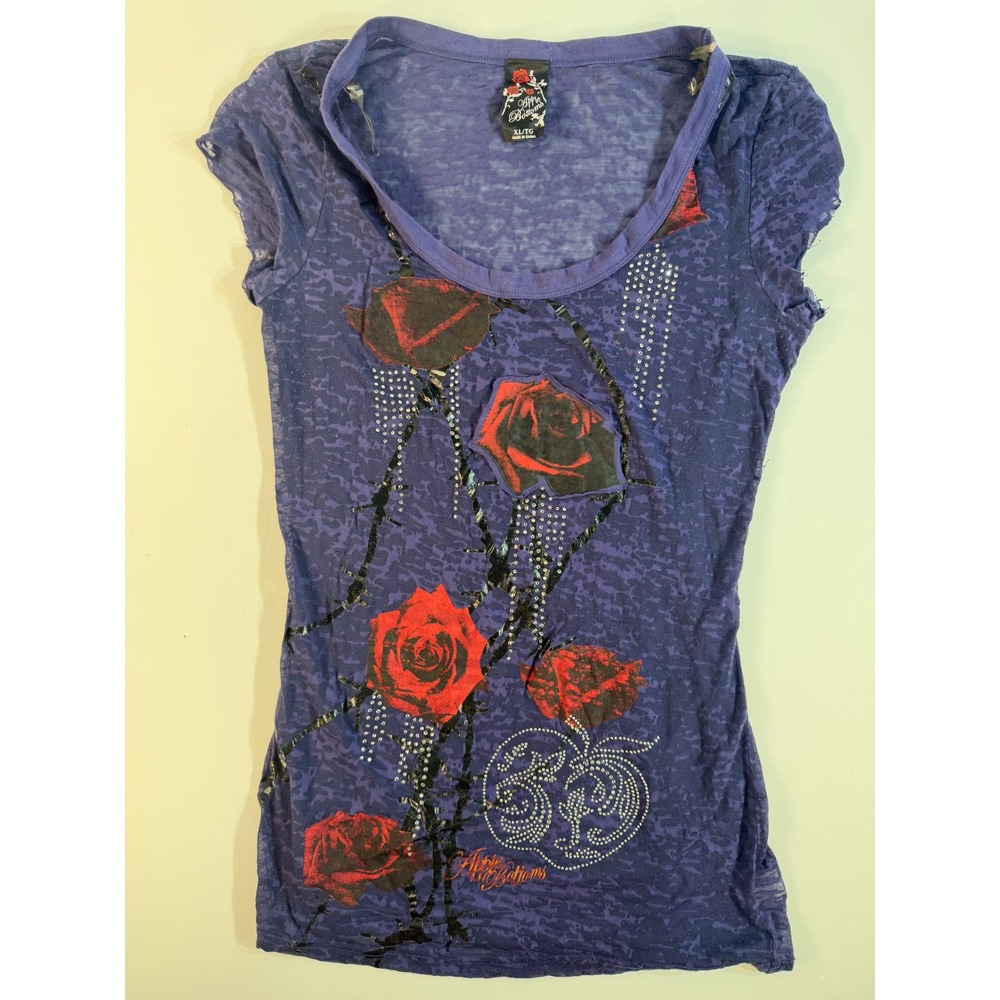 Apple Bottoms Vintage Purple Burnout Rose Graphic Rhinestone T-Shirt XL